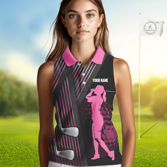 Black and pink Women Sleeveless polo shirt custom golf clubs team golf shirts, golf tops for ladies NQS10117
