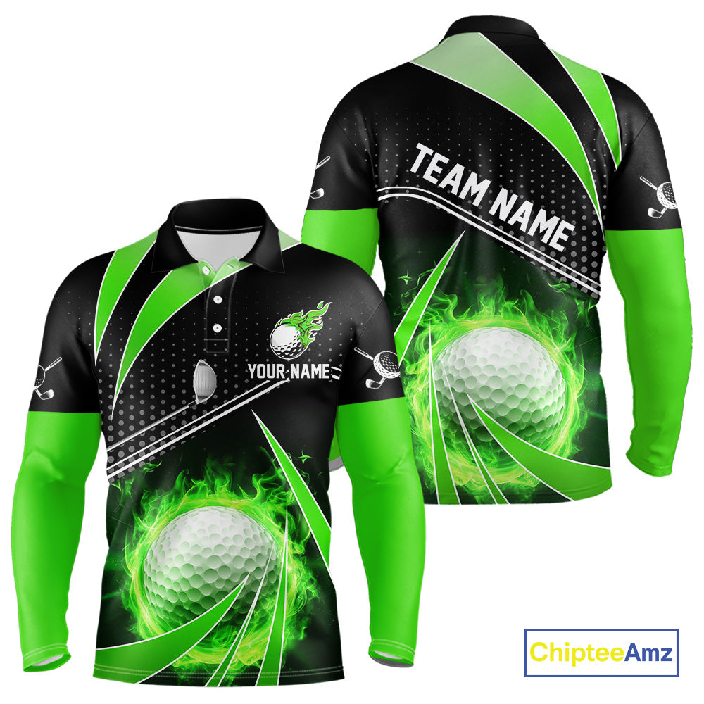 Black and Green Fire golf ball custom Men golf polo shirts, personalized golf outfits for team men NQS10123