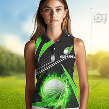 Load image into Gallery viewer, Black and Green Fire golf ball custom Women sleeveless polo shirt, personalized golf outfits for team NQS10123