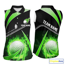 Load image into Gallery viewer, Black and Green Fire golf ball custom Women sleeveless polo shirt, personalized golf outfits for team NQS10123