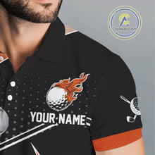 Load image into Gallery viewer, Black and Orange Fire golf ball custom Men golf polo shirts, personalized golf outfits for team men NQS10124