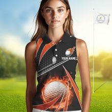 Load image into Gallery viewer, Black and Orange Fire golf ball custom Women sleeveless polo shirt, personalized golf outfit for team NQS10124