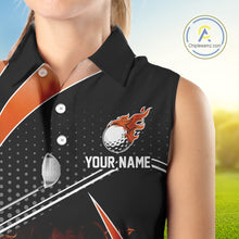 Load image into Gallery viewer, Black and Orange Fire golf ball custom Women sleeveless polo shirt, personalized golf outfit for team NQS10124