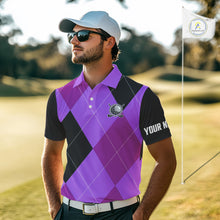 Load image into Gallery viewer, Mens golf polos shirts custom purple and black golf argyle plaid pattern, personalized golf gifts NQS10653
