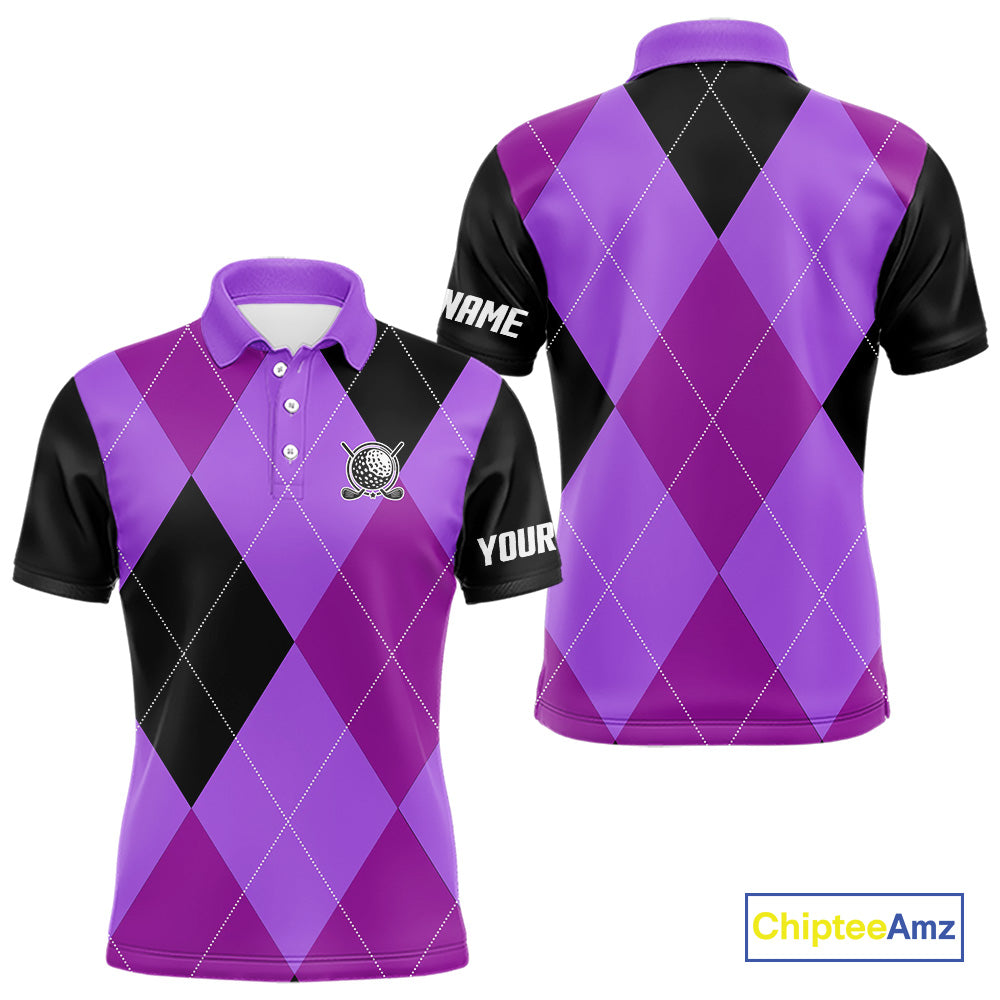 Mens golf polos shirts custom purple and black golf argyle plaid pattern, personalized golf gifts NQS10653