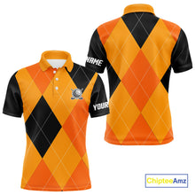 Load image into Gallery viewer, Mens golf polos shirts custom orange and black golf argyle plaid pattern Halloween golf gifts NQS10654