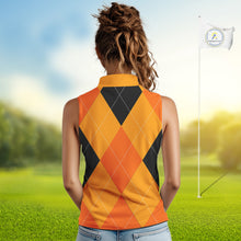 Load image into Gallery viewer, Women Sleeveless Polo Shirt custom orange and black golf argyle plaid pattern Halloween golf gifts NQS10654