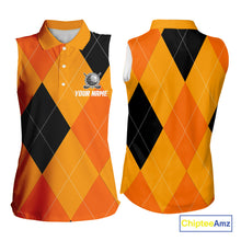 Load image into Gallery viewer, Women Sleeveless Polo Shirt custom orange and black golf argyle plaid pattern Halloween golf gifts NQS10654