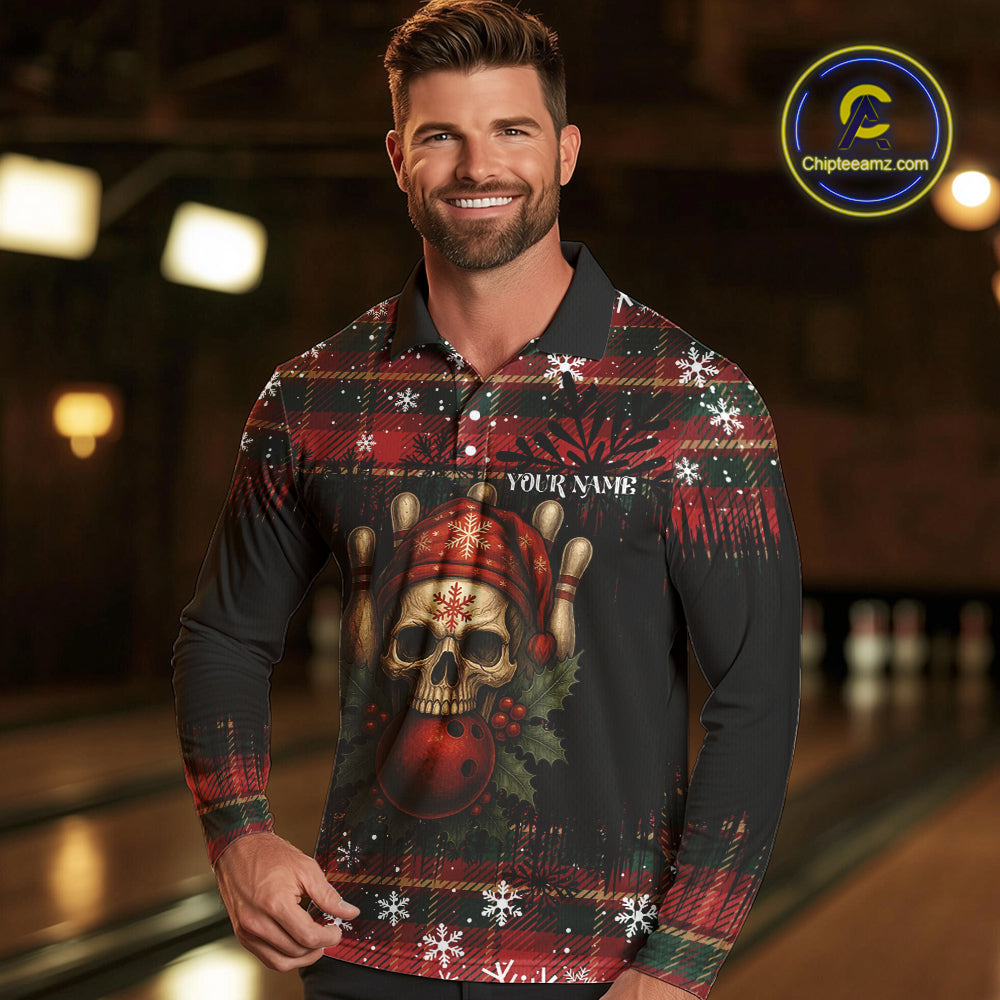 Black & Red Plaid Christmas pattern Skull Bowling Shirts For Men Custom Team Bowling outfit jerseys NQS11057