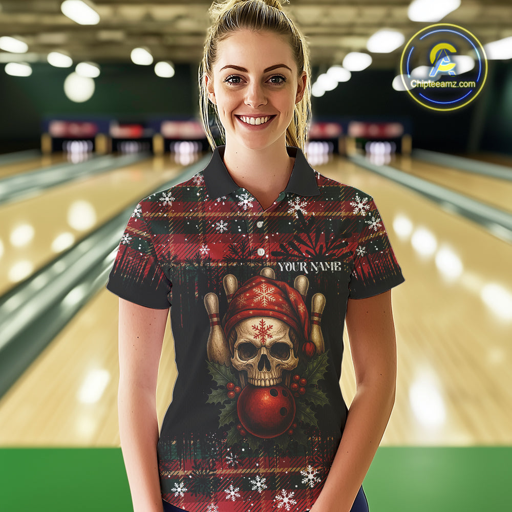 Black & Red Plaid Christmas pattern Skull Bowling Shirts For Women Custom Team Bowling outfit jersey NQS11057