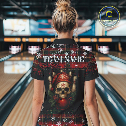 Black & Red Plaid Christmas pattern Skull Bowling Shirts For Women Custom Team Bowling outfit jersey NQS11057