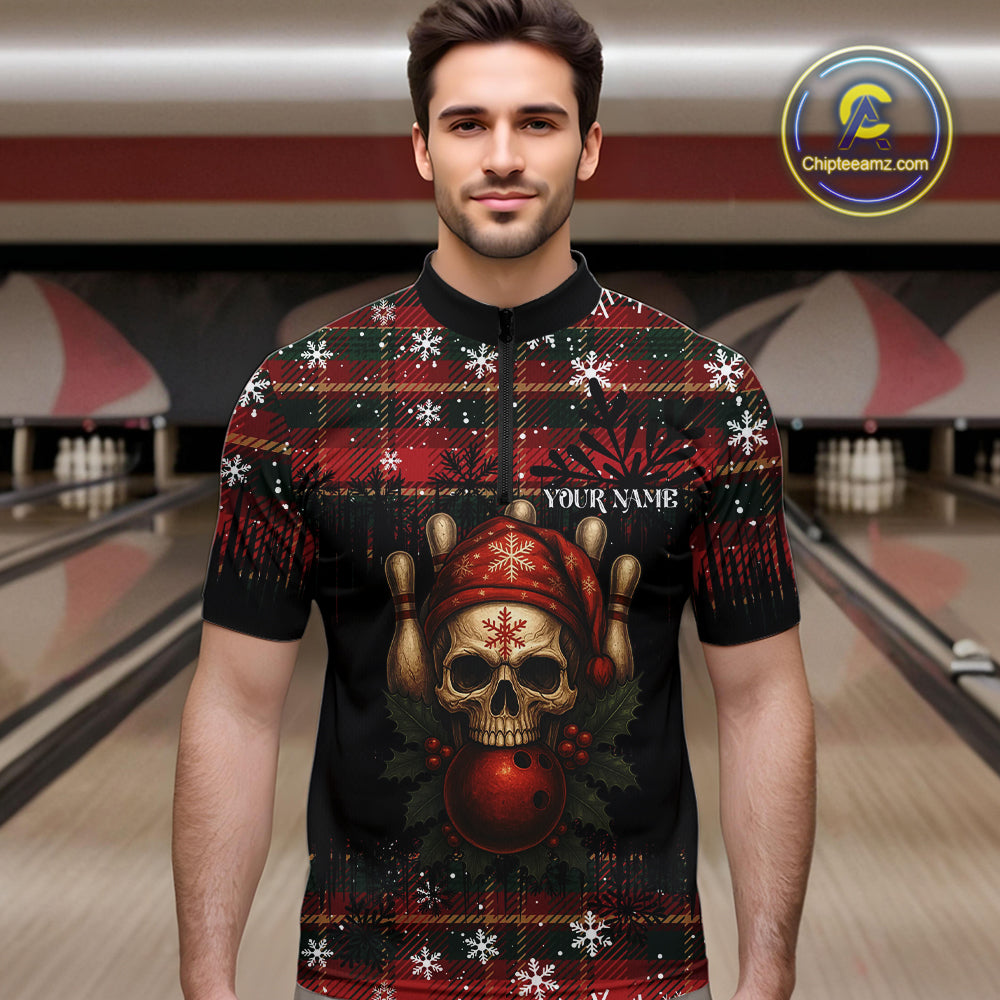 Black & Red Plaid Christmas pattern Skull Bowling Shirts For Men Custom Team Bowling outfit jerseys NQS11057