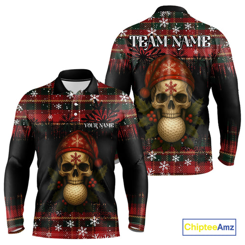 Black and Red Plaid Christmas pattern Skull Mens Polo Shirt Custom Golf outfit For Men, golfing gifts NQS11058