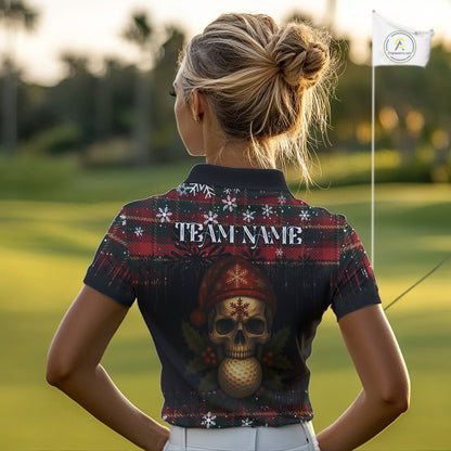 Black and Red Plaid Christmas pattern Skull Women Polo Shirt Custom Ladies Golf outfit, golfing gifts NQS11058