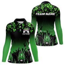 Load image into Gallery viewer, Green shamrock Flame bowling shirts for Women Custom St Patrick Day black team league bowling jerseys NQS9390