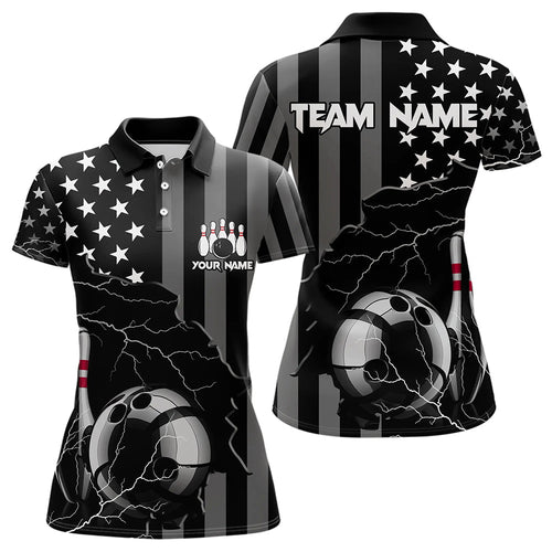 Personalized Black American flag Lightning thunder Custom Bowling Team Shirts For Women Bowling Jersey NQS9538