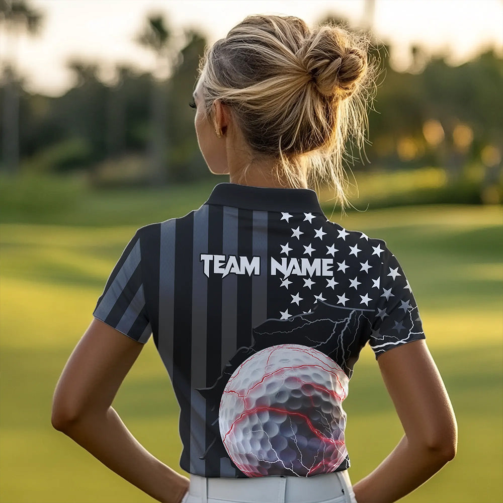Personalized Black American flag Lightning thunder Custom Golf Polo Team Shirts For Women Golf apparel NQS9540