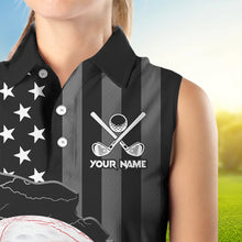 Load image into Gallery viewer, Personalized Black American flag Lightning thunder Custom Golf sleeveless polo Team Shirts For Women NQS9540
