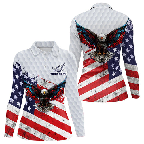 Personalized American Flag Eagle White Women golf polo shirts Custom patriotic golf tops for ladies NQS9541