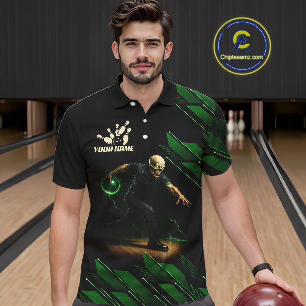 Black and Green Camo Skull Lightning Bowling Polo, 1/4 zip shirts for Men Custom Team bowling Jersey NQS11657