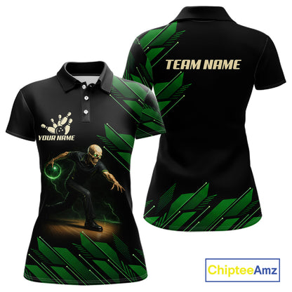 Black & Green Camo Skull Lightning Bowling Polo, 1/4 zip shirts for Women Custom Team bowling Jersey NQS11657
