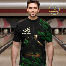 Load image into Gallery viewer, Black and Green Camo Skull Lightning Bowling Polo, 1/4 zip shirts for Men Custom Team bowling Jersey NQS11657