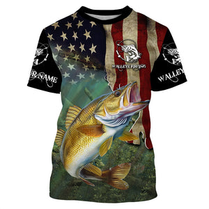 Walleye Fishing 3D American Flag Patriotic Customize name UV protection long sleeve fishing shirts NQS467