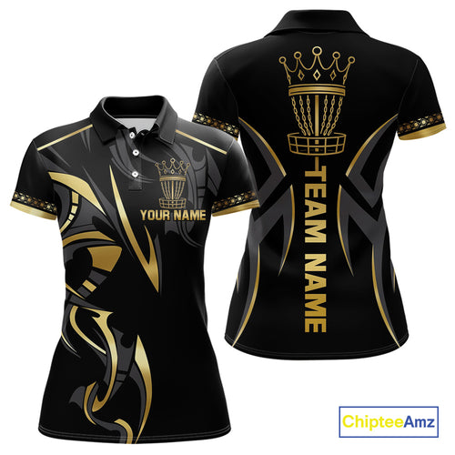Black and Gold crown Disc golf polo shirts for Women Custom Disc Golf Team jerseys, disc golf gifts NQS10126