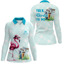 Load image into Gallery viewer, Womens golf polo shirts custom pink flamingo blue pattern golf shirts talk birdie to me NQS8064