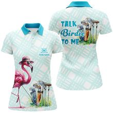 Load image into Gallery viewer, Womens golf polo shirts custom pink flamingo blue pattern golf shirts talk birdie to me NQS8064