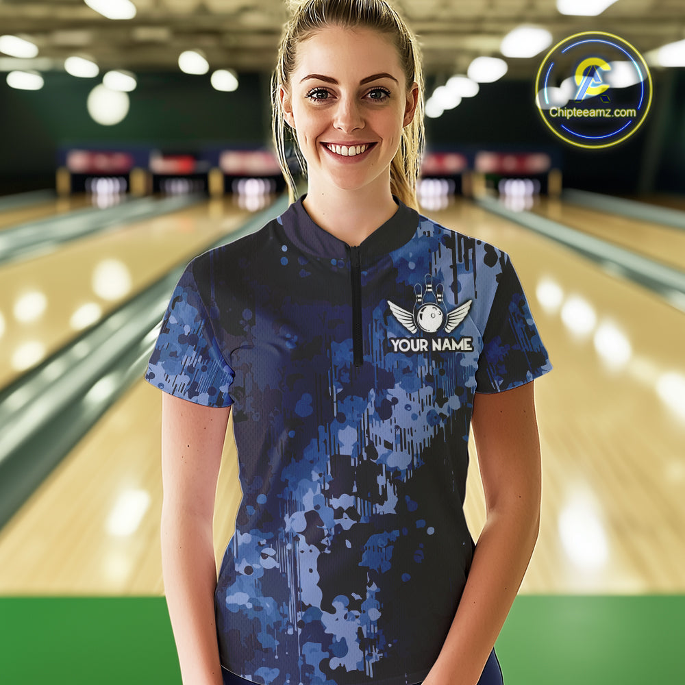 Blue Camo Bowling Polo, Quarter Zip Shirts For Women Custom Bowling Team Jerseys, Gift For Bowlers NQS10454