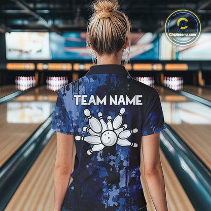 Blue Camo Bowling Polo, Quarter Zip Shirts For Women Custom Bowling Team Jerseys, Gift For Bowlers NQS10454