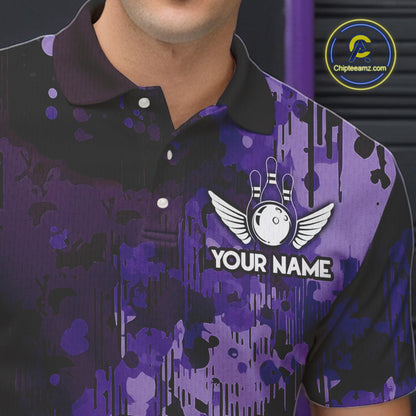 Purple Camo Bowling Polo, Quarter Zip Shirts For Men Custom Bowling Team Jerseys, Gift For Bowlers NQS10455