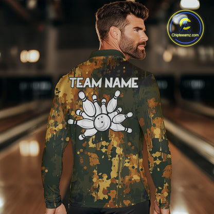 Yellow Camo Bowling Polo, Quarter Zip Shirts For Men Custom Bowling Team Jerseys, Gift For Bowlers NQS10456