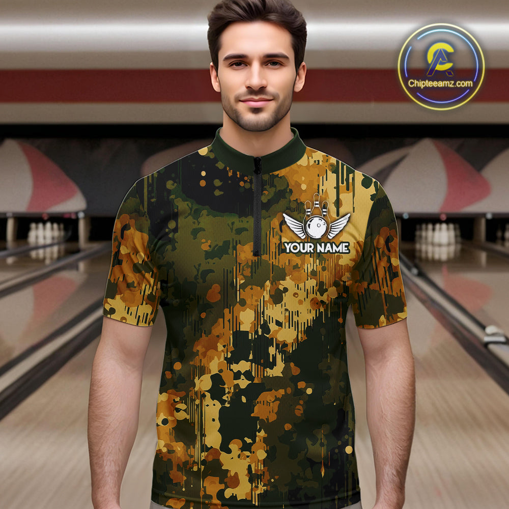 Yellow Camo Bowling Polo, Quarter Zip Shirts For Men Custom Bowling Team Jerseys, Gift For Bowlers NQS10456