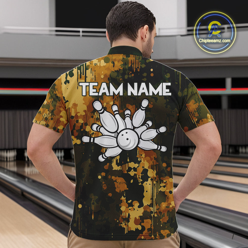 Yellow Camo Bowling Polo, Quarter Zip Shirts For Men Custom Bowling Team Jerseys, Gift For Bowlers NQS10456