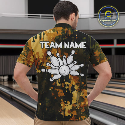 Yellow Camo Bowling Polo, Quarter Zip Shirts For Men Custom Bowling Team Jerseys, Gift For Bowlers NQS10456