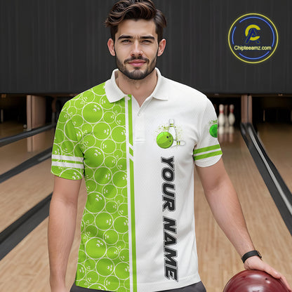 Men Bowling Polo, 1/4 Zip Shirt Custom white & green camo vintage bowling shirts, mens bowling jersey NQS10457