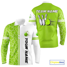Load image into Gallery viewer, Men Bowling Polo, 1/4 Zip Shirt Custom white &amp; green camo vintage bowling shirts, mens bowling jersey NQS10457