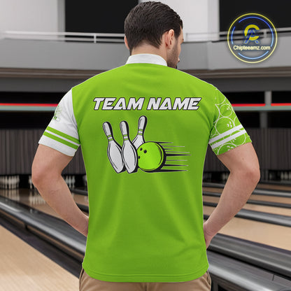 Men Bowling Polo, 1/4 Zip Shirt Custom white & green camo vintage bowling shirts, mens bowling jersey NQS10457