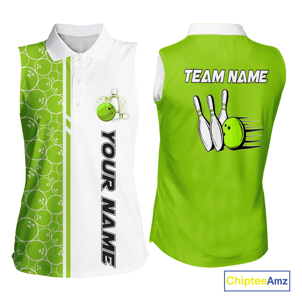 Women Bowling Sleeveless Polo Shirt Custom retro white and green camo vintage ladies bowling jerseys NQS10457