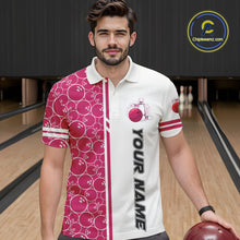 Load image into Gallery viewer, Men Bowling Polo, 1/4 Zip Shirt Custom white &amp; pink camo vintage bowling shirts, mens bowling jersey NQS10458