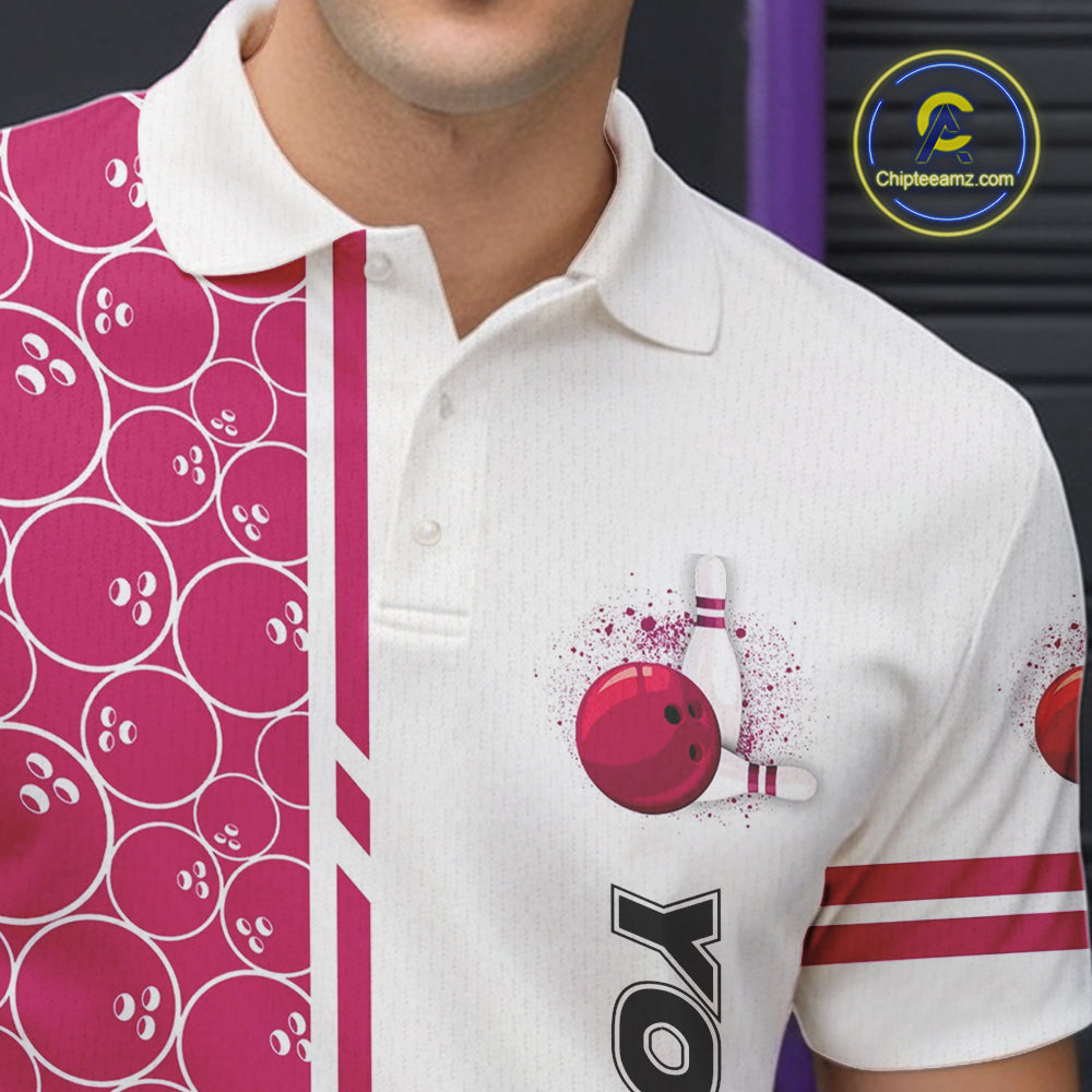 Men Bowling Polo, 1/4 Zip Shirt Custom white & pink camo vintage bowling shirts, mens bowling jersey NQS10458