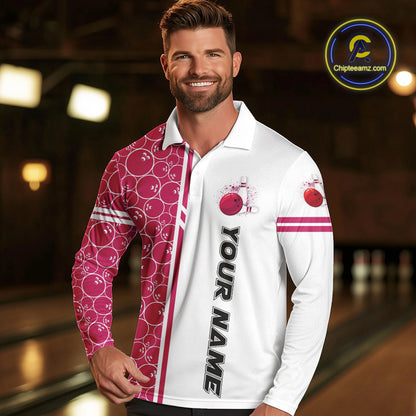 Men Bowling Polo, 1/4 Zip Shirt Custom white & pink camo vintage bowling shirts, mens bowling jersey NQS10458
