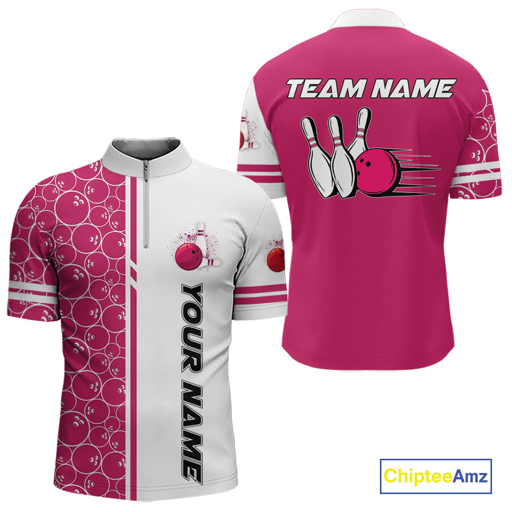 Men Bowling Polo, 1/4 Zip Shirt Custom white & pink camo vintage bowling shirts, mens bowling jersey NQS10458