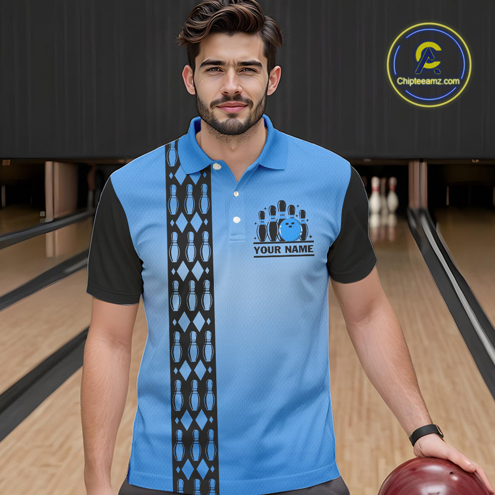 Personalized Black and Blue Retro Bowling Polo, Quarter Zip Team Shirts For Men Custom Bowling Gifts NQS10459