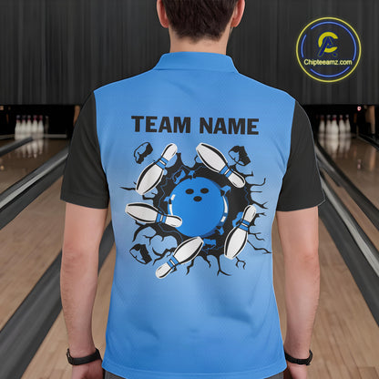 Personalized Black and Blue Retro Bowling Polo, Quarter Zip Team Shirts For Men Custom Bowling Gifts NQS10459
