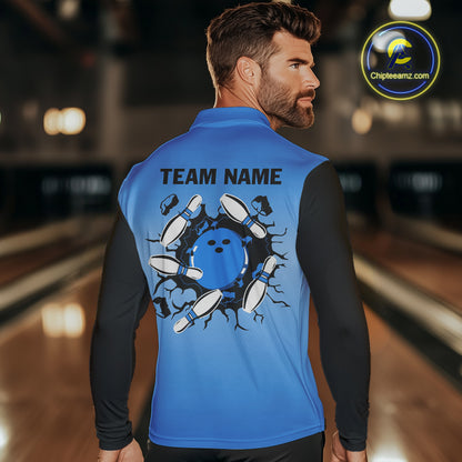 Personalized Black and Blue Retro Bowling Polo, Quarter Zip Team Shirts For Men Custom Bowling Gifts NQS10459
