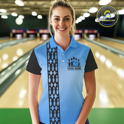 Personalized Black and Blue Retro Bowling Polo, Quarter Zip Team Shirts For Women Custom Bowling Gift NQS10459