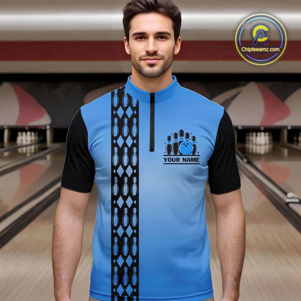 Personalized Black and Blue Retro Bowling Polo, Quarter Zip Team Shirts For Men Custom Bowling Gifts NQS10459